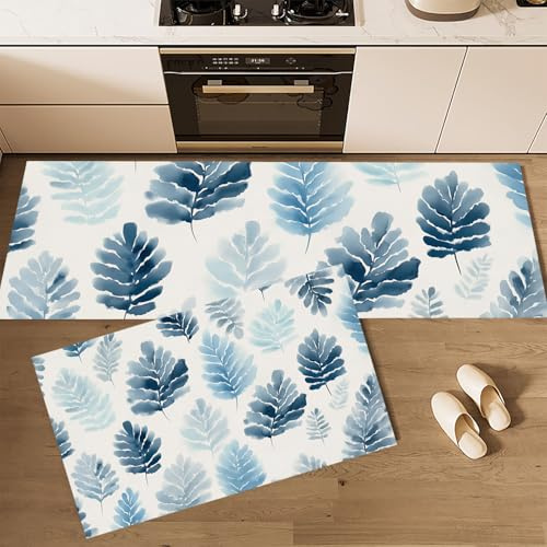 2 Pezzi Tappeti Da Cucina Minimalismo, Tappetini Da Cucina Foglie Di Felce Ad Acquerello Antiscivolo Lavabile, Per Cucina Corridoio Soggiorno Camera Da Letto, Azzurro Chiaro, 50x80cm+50x150cm