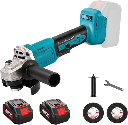 Amoladora Angular 1000W (125 mm, 13.000 rpm). Amoladora con 2x 4000 mAh Batería y Cargador, Empuñadura Auxiliar e Incluye 2 Discos de Desbaste, para Cortar, Desbastar y Pulir Metal, Piedra, Madera