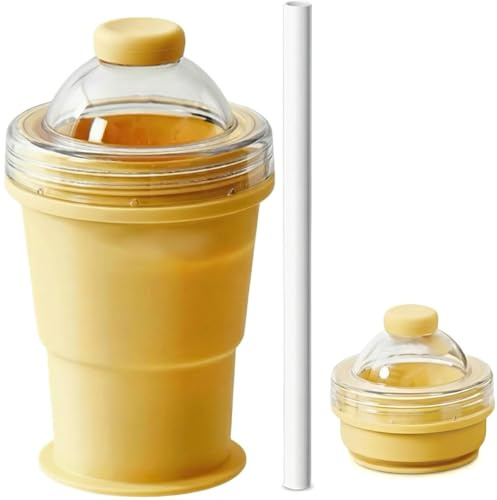 2-in-1 Collapsible Silicone Ice Ball Maker Cup, Collapsible Silicone Portable Ice Sphere Mold, Easy Demolding, Leak-Proof Reusable Travel Tumbler for Coffee, Juice, Home, Gym, Outdoor (Yellow)