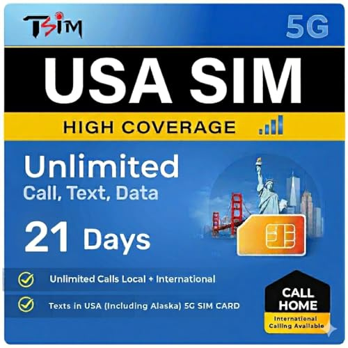 TSIM USA SIM-Karte 21 Tage | 50 GB Highspeed + unbegrenzt bei reduzierter Geschwindigkeit | AT&T-Netz | Unbegrenzte lokale und Internationale Anrufe/SMS | Hotspot