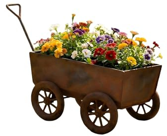 Rusted Metal Wheelbarrow Planter for Garden Flowers, Vintage Decorative Wagon Pot for Outdoor Patio, Deck & Pathway, Long Handle Rustic Planter Gift for Her