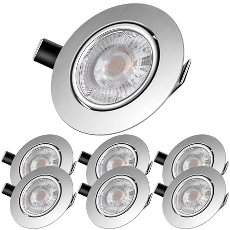 LED Einbaustrahler schwenkbar inkl. 6 x 5W Leuchtmittel GU10,600 Lumen,Kaltweiß LED Einbauleuchte 6000 Kelvin,120° Abstrahlwinkel,Deckeneinbaustrahler,6 er Pack 6000K Rund Metall Nickel Gebürstet
