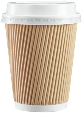 We Can Source It Ltd 500 x 8oz Ripple Brown Kraft Paper Cups - 3-PLY Disposable Insulated Coffee Cups with Secure White SIP Through Lids - Leak-Proof Durable Paper Cup for Tea, Coffee & Hot Beverages