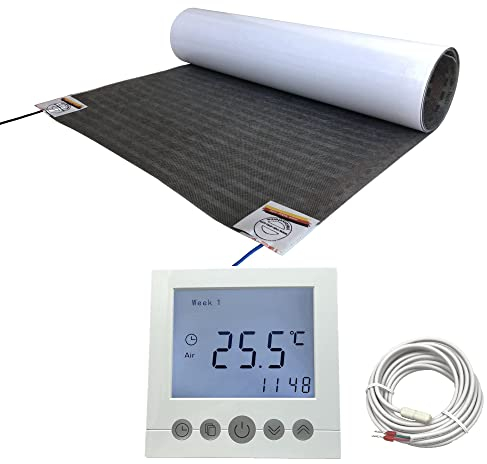 Elektrische Fußbodenheizung HoWaTech Lux Folienheizung für Renovierung Laminat Parkett Vinyl Komplett Set Heizfolie 80 W/m² inkl. Thermostat mit Wochenprogramm, Folienlänge & Fläche:4.5m / 2.25m²