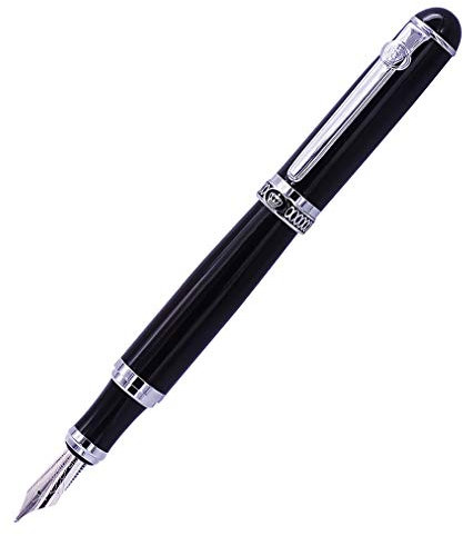 Duke D2 Classic Bent Nib Fude Pen, Fine to Broad Size, Black Barrel and Silver Clip with Pen Pouch