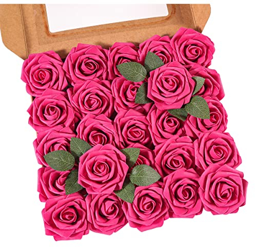 Ruiuzioong Künstliche 25 Stück Rosen Blumen Schaumrosen Foamrosen Kunstblumen Rosenköpfe Gefälschte Kunstrose Rose für Hochzeit Blumensträuße Braut Zuhause Dekoration (Fuchsie, 25 Stück)