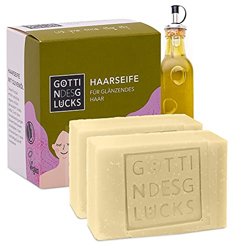 Göttin des Glücks festes Shampoo für Haare - Haar Seife Olive 2 x 80 Gramm -für glänzendes Haar - mit Fairtrade-Olivenöl - vegane Naturkosmetik - Zero Waste