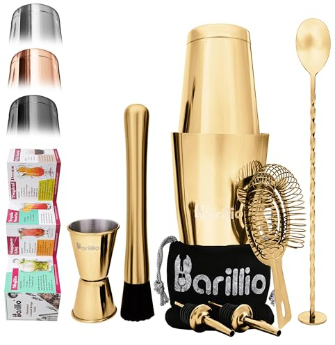 Juego de coctelera Gold Boston Shaker | Kit de barman profesional con mezclador Martini ponderado, colador Hawthorne, jigger, mojito Muddler, cuchara de mezcla y 2 vertedores de licor..