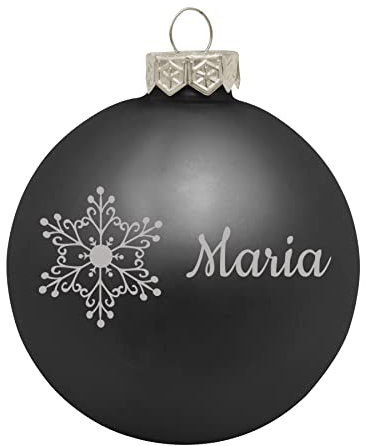Deitert Weihnachtskugel mit Wunschtext Gravur, Ø 8cm, personalisierte Christbaumkugel aus Glas (matt), Individueller Weihnachtsbaumschmuck Namen oder Spruch, Schneeflocken-Motiv schwarz