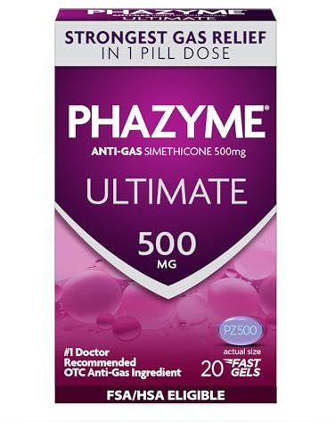 Phazyme Ultimate Strength Anti-Gas 500 mg Simethicone Gas Relief for Adults, Fast Gels Quickly Ease Bloating, Pressure and Discomfort, 20 Count