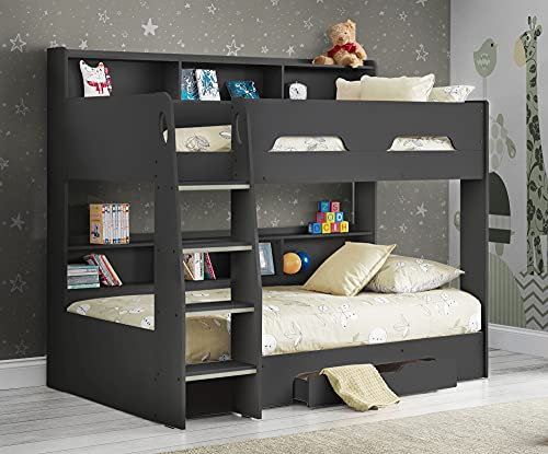 Wooden Bunk Bed with Underbed Storage Drawer, Happy Beds Orion Oak Wood Modern Twin Sleeper (3FT - 2 x Pocket Sprung Mattress, Anthracite)
