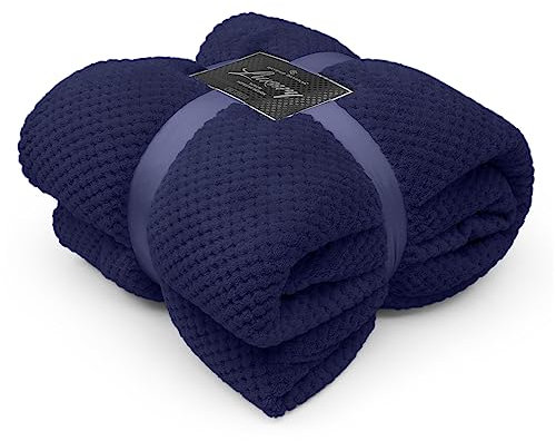 GC GAVENO CAVAILIA Teddy Popcorn Blanket Thermal Extra Large Throws, Soft & Cosy Navy King Size Blanket Waffle Throw 200 x 240cm For Sofa Bed Chair Settee