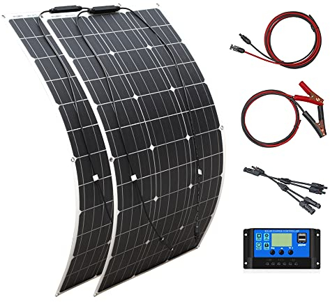 400W Solar Charging DIY Kit 4 * 100W Flexible Solar Panel 12V Photovoltaic Waterproof Solar Charger 40A Controller+3m Cable+1m Battery Clip Cable for 12v Battery Charger (400)