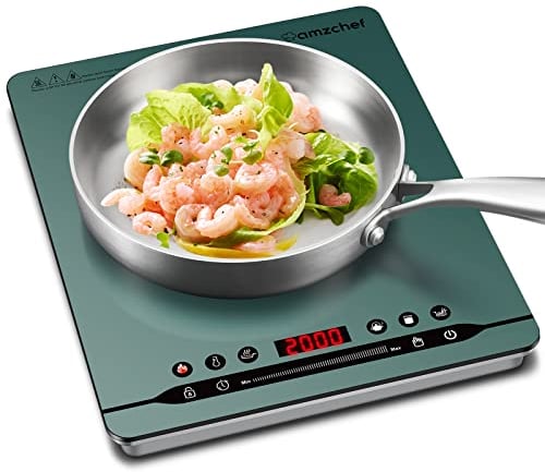 AMZCHEF Plaque de cuisson à induction simple 2000 W avec fonctionnement silencieux, 9 niveaux de puissance et de température, 4 menus automatiques, design de boîtier ultra fin, serrure de sécurité