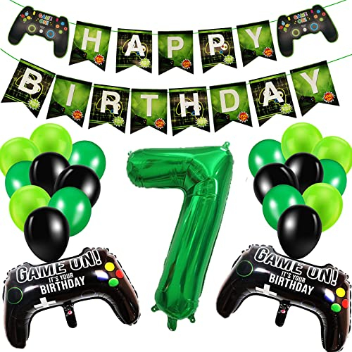 7th Birthday Decorations for Boys, Gaming Party Decorations Set for Gamers, Happy Birthday Banner Game Controller Balloons Black Green Balloons for Kids Teenagers Party Supplies