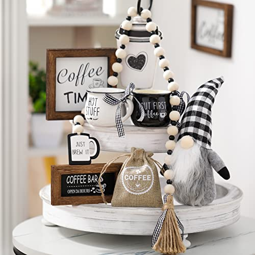 8-Piece Farmhouse Coffee Bar Decor Set - Tiered Tray, Mini Coffee Mug Signs, Wooden Beads Garland for Rustic Kitchen Table Decoration