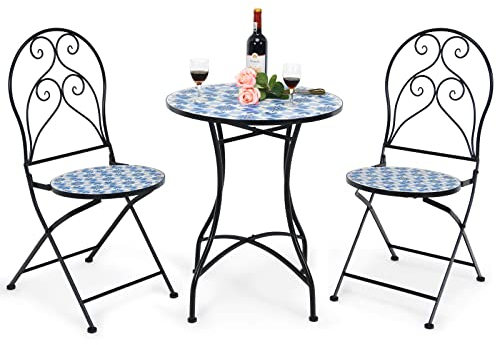 COSTWAY 3 Piece Patio Bistro Set, Mosaic Metal Dining Set Garden Table with 2 Folding Chairs, Indoor Outdoor Conversation Furniture Set for Balcony Deck Yard Poolside (Blue Floral Pattern)
