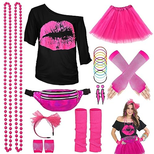 80er Jahre Outfit Damen Set, T-Shirt, Tutu, Gürteltasche, Stirnband, Ohrring, Halskette, Netzhandschuhe, 80er Jahre Kleidung Kostüm Neon Accessoires Thema Party Karneval Clothes-80SMouth-Pink-XL