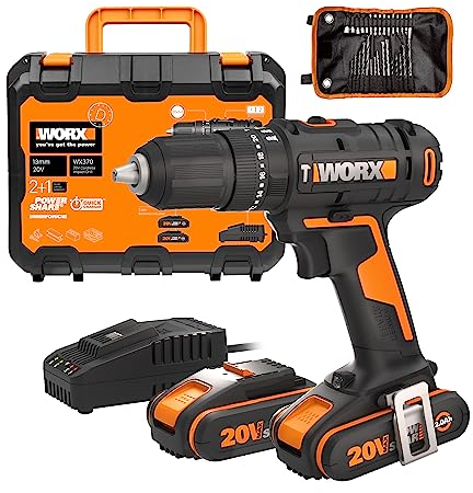 WORX 18V (20V MAX) Akku-Schlagbohrschrauber-Kit WX370, PowerShare, max. 50 N.m, (inkl. 2x2,0Ah Akkus und 30 Stk. Bohrer), 2-Gang-Getriebe, 13 mm Schnellspannbohrfutter orange & Schwarz