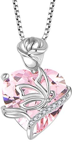 FJ Collier Pierre de Naissance Octobre Collier Tourmaline Rose pour Femme Argent Sterling 925 Pendentif Papillon Collier Fleur Rose Coeur Bijoux Cadeaux pour Maman Épouse Femme Fille