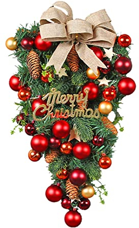 Lecerrot Weihnachtskranz Türkranz, Weihnachts Türkranz Haustür Aussen Rot Kugeln, Weihnachten Girlande Zuckerstange, Künstliche Blumen Deko Kranz Mit Dekorativen Bällen, Weihnachtsdeko Fenster Tür