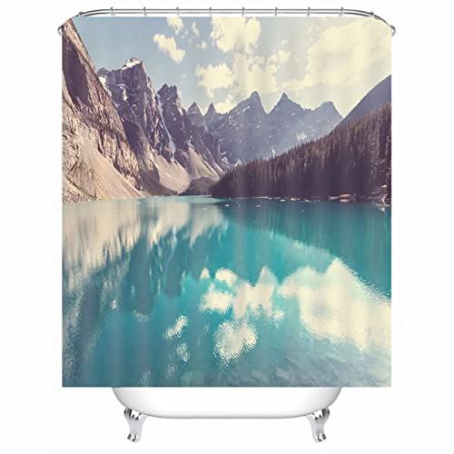 EHOMERY Duschvorhang Stoff Duschrollo Set Bergsee Polyester See Grün Rostfreie Ösen Und 12 Hakenringe, 140X180Cm