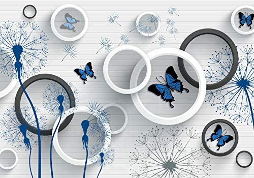 wandmotiv24 Fototapete Blau Pusteblume, 400 x 280 cm - selbstklebende Vliestapete 150g, Wanddeko, Wandbild, Wandtapete, Ziegel, Steinwand, Schmetterling M4207