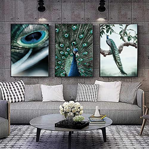 Trayosin 3-teilige Poster Set, Luxuriöse Pfau Federn Wandbilder Wohnzimmer Modern,Leinwand Bild Kunstdruck,Schlafzimmer Bilder Elegante Wanddeko,ohne Bilderrahmen (30x40cm)
