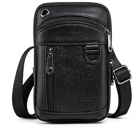 EDIMRAY Handytasche Zum Umhängen Herren Leder Gürteltasche Kleine für Männer Handy Umhängetasche 7 Zoll Echtleder Vintage Schultertaschen Hüfttasche (Stil A: Schwarz)