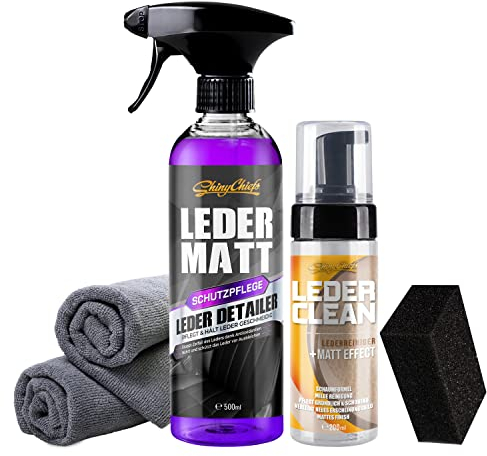 ShinyChiefs Leder MATT + Leder CLEAN KIT - Schaumreiniger für Ledersitze und Lenkräder + Versiegelnde Lederpflege mit Matt-Effekt für Glatt- und Kunstleder, 2 Mikrofasertücher & Auftragsschwamm