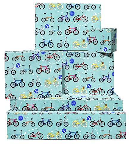 Blaues Geschenkpapier – 6 Bögen Geschenkpapier – Fahrrad – Radfahrer – für Männer Frauen – mit lustigen Aufklebern – recycelbar – von Central 23