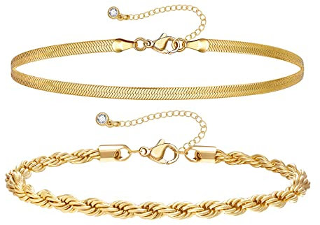 KissYan Bracelets de cheville superposés en or 14 carats pour femme, bracelet de cheville délicat à superposer réglable tendance à maillons cubains serpent chaîne figaro chaîne de cheville d'été plage