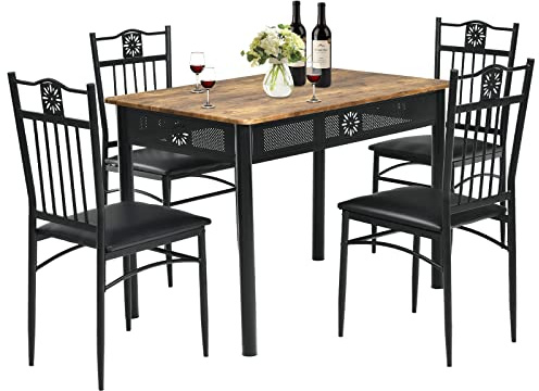 HOMASIS 5 teiliges Esstisch Set, Essgruppe mit 4 gepolsterten Essstühle, Sitzgruppe aus Holz & Metall, Küchentisch mit durchbrochener Schnitzerei, platzsparendes Design für Küche, Esszimmer, Schwarz