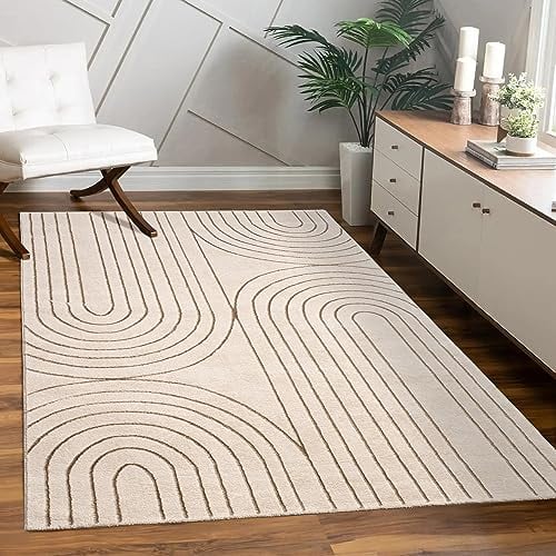 Paco Home Teppich Wohnzimmer Schlafzimmer Moderner Kurzflor glänzendes Palmen-Muster Florales Design Geometrisch Hoch-Tief-Effekt 3D, Grösse:160x230 cm, Farbe:Creme