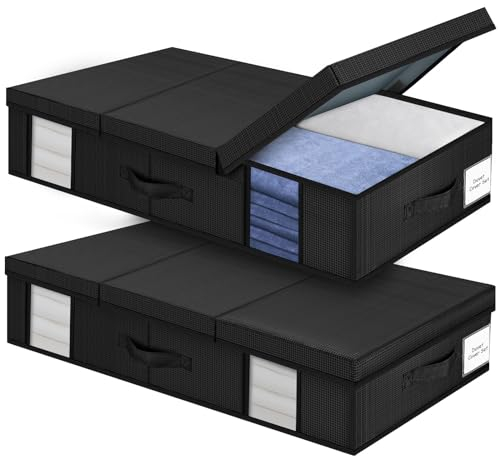 Eurhomewit Caja Bajo Cama con tapa, Almacenaje Bajo Cama plegable, 2 paquetes Cajones para Debajo de La Cama con ventanas y 3 manijas, Cajas Almacenaje Ropa para Manta, Cajas Debajo Cama-Negro Carbón