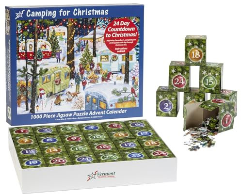 Camping for Christmas Jigsaw Puzzle Advent Calendar 1000 Pieces by Vermont Christmas Company - 24 Puzzle Sections to Complete - Count Down to Christmas Each Day in December