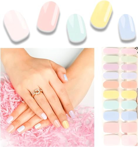 Foyute Semi Cured Gel Nail Strips, 20 Pcs Soft Self-Adhesive Gel Nail Polish Wraps Sticker for Salon-Quality Manicure Set,Long Lasting,Easy to Apply & Remove, Nail File & Wooden Stick