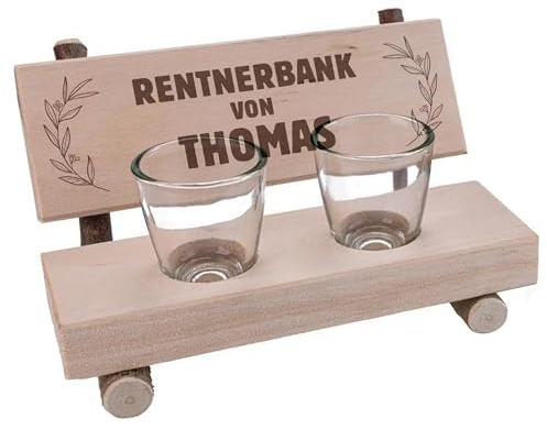 Unikatolo Schnapsbank Rentnerbank mit Name graviert, personalisiertes Geschenk zum runden Geburtstag & Ruhestand, für Männer und Frauen, kleine Holzbank mit 2 Schnapsgläsern