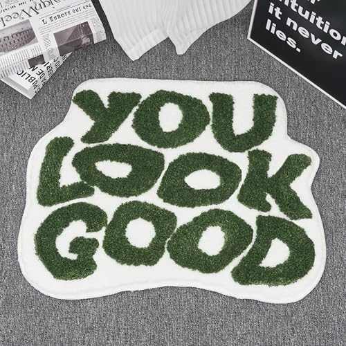 ELDONE You Look Good Badematte, kühles Salbeigrün, rutschfest, waschbar, grünes Badezimmer-Dekor, Hypebeast, Schlafzimmer-Dekor, ästhetisch, niedlich, lustig, trendig, olivgrün, Badezimmermatten, 63,5