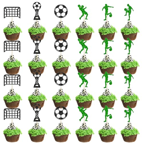 MEUTL 24&48 Pcs Football Cupcake Toppers, Football Cake Toppers Decorations for Football Birthday Parties, Soccer Cupcake Toppers for World Cup and European Championship Decorations (24 Black Green)