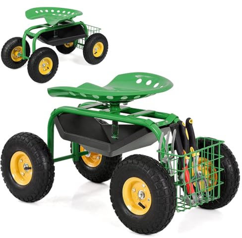 RELAX4LIFE Chariot de Jardinage Roulant, Siège Roulant avec Hauteur Réglable et Pivotant à 360°, Plateau à Outils, Panier de Rangement, Siège de Jardin avec Roues, pour Pelouse Jardin (Vert)
