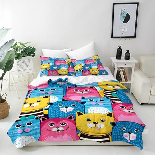ANHOPE Nette Cartoon Tier Katze Bettwäsche Set 2 Teilig Weich Bettbezug 140x200 cm & Kissenbezug 65x65 cm Microfaser Bettbezüge Set mit Reißverschluss Bettdeckenbezug für Kinder Jungen Mädchen