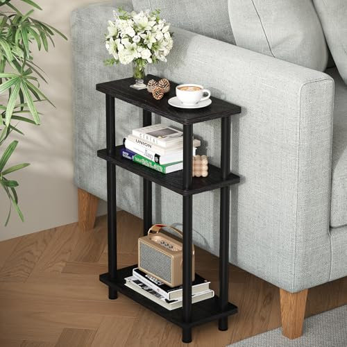 APICIZON Narrow Side Table, Slim Small Table, 3 Tier End Table Living Room, 40x18x61.5cm, Modern Thin Side Tables for Living Room, Bedroom, Sofa, Small Nightstand with Magazine Rack, Save Space, Black