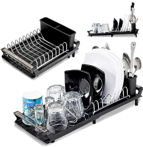 JUPPLIES Escurreplatos sobre Fregadero Extensible con Sistema de Drenaje - Escurridor de Platos Plegable con Soporte para Cubiertos - Escurre Platos con Acero Inoxidable 28x20cm