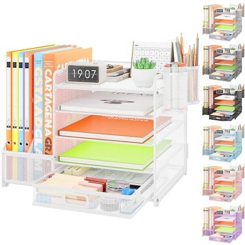 VITVITI Desk Organiser with File Holder, 5 Tier Desk Tidy Organiser with 2 Pen Holders, 2 Paper Tray Storage and Drawer for Magazine, Home, School, Office Stationary Accessories - White