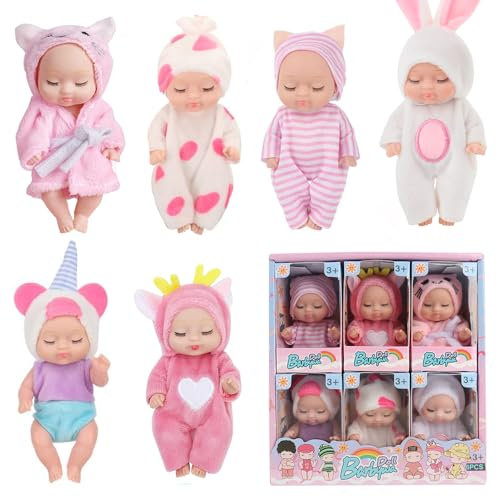 JOAASU Babypuppe, 6 Stück Mini Babypuppen, Kleine Puppe, Newborn Reborn Baby, Puppe und Kleidung Set, Mini Reborn Puppen, Baby Minis Puppen, Für Mädchen ab 3 Jahren, Spielzeug Geschenk