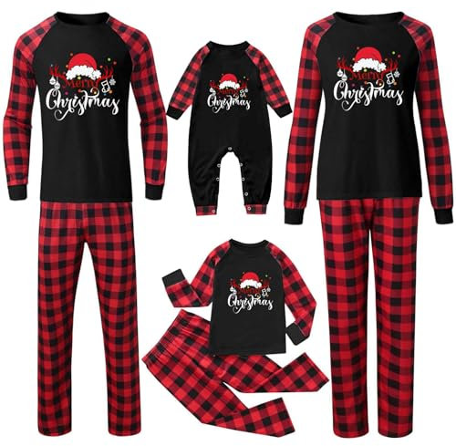 TianWlio Ensemble Pyjama Famille de Noël Vêtements de Nuit Assortissant Manches Longues Christmas Wapiti à Carreaux Imprimé Chemises et Pantalons Femme Hommes Familial Vacances Sleepwear