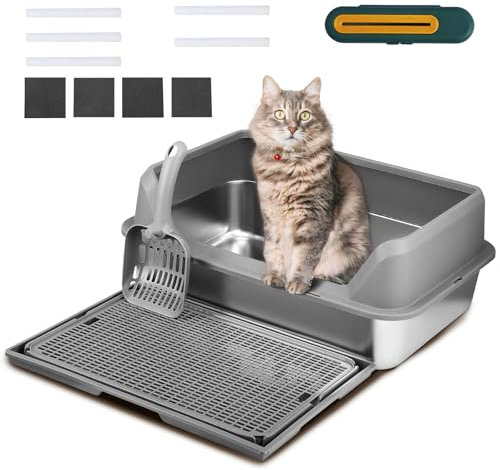 Litiere pour Chat Acier Inoxydable, Bac Litiere pour Chat avec Pelle et Boîte de Désodorisant, Forme de U Toilette, Amovibles, Étanche Facile à Nettoyer Caisse pour Ch-at Litiere,50 * 35 * 28cm