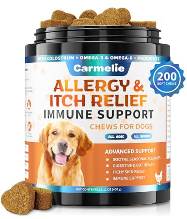 Carmelie Itchy Dog Skin Relief 200 Chews - Anti Itch Treats for Dogs - Omega 3 Probiotics for Dog - Itchy & Paw Licking Allergy Relief, Seasonal Allergies, Skin & Coat Support (Chicken)