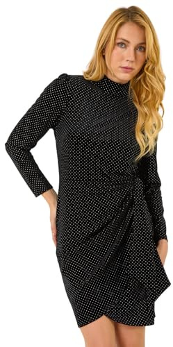 Dusk Fashion Velvet High Neck Stud Bodycon Dress for Women UK - Ladies Everyday Autumn Winter Comfy Soft Evening Vacation Work Party Night Out - Black - Size 16